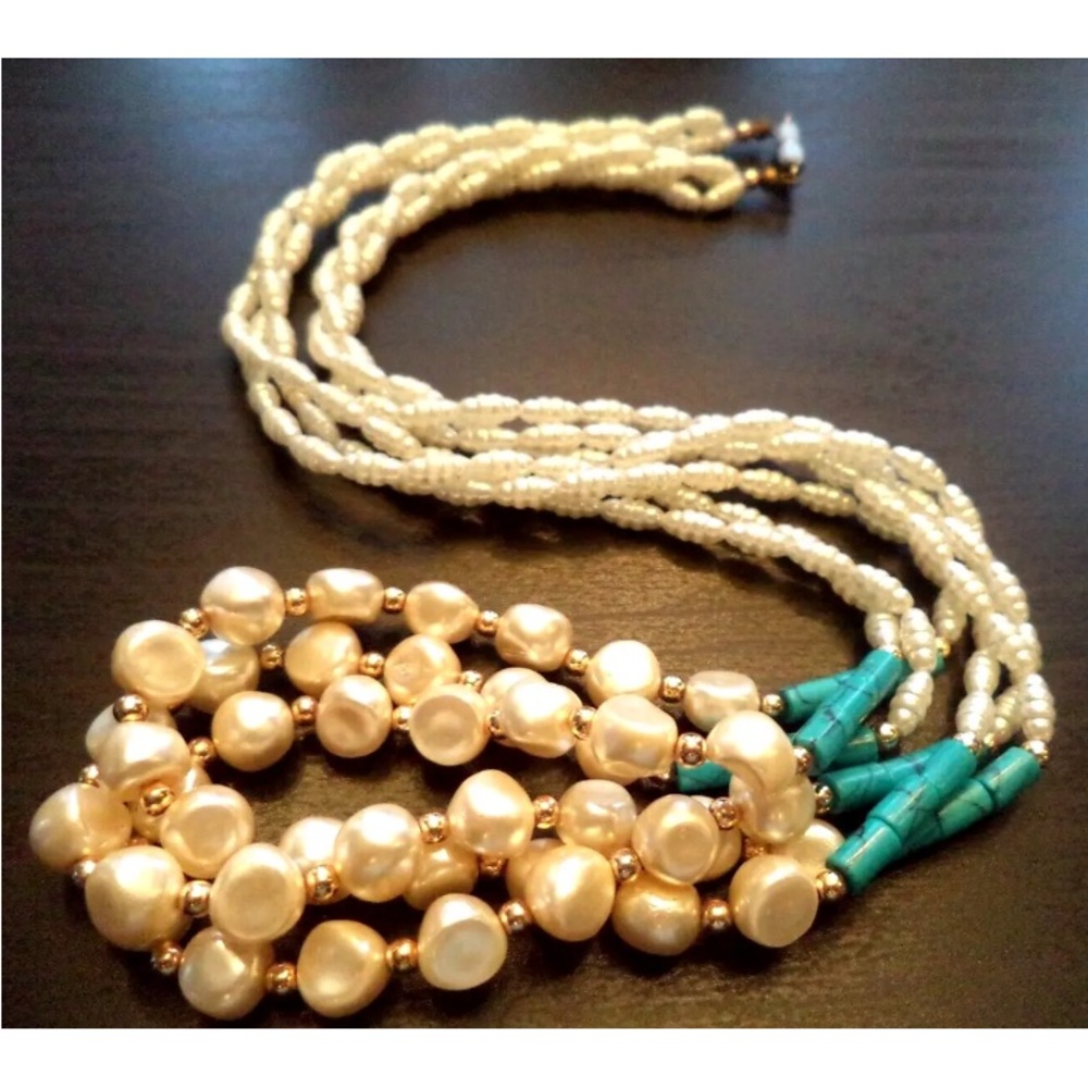 Pearl and Turquoise Multi Strand Vintage Necklace